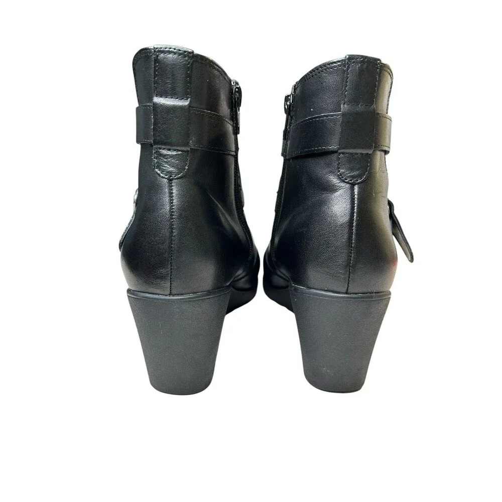 ABEO Black Leather Ankle Boots Women's 8.5 Geranium Wedge Heel Buckle Moto